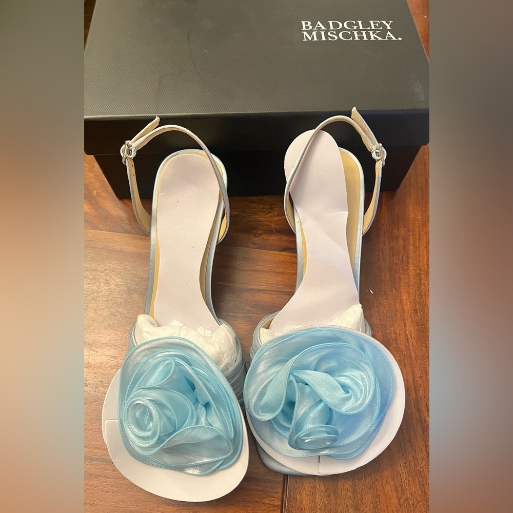 Badgley Mischka Light Blue Heels with Floral Accent - Picture 5 of 7
